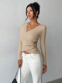 Elenzga 女士优雅合身交叉裹身元素简约经典罗纹纹理纯色毛衣 - 卡其色 - 查看 4