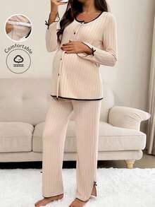 SHEIN 2pcs Maternity Contrast Trim Long Sleeve Top And Pants Set,Pajama,Loungewear,Sleepwear Set 2 Pieces Lounge Sets Woman Maternity Co Ords Sets 2 Pieces Casual Sets Woman Maternity Clothes Two Pieces Suits Maternity Pajama Set - Apricot - View 3