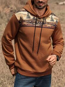 Manfinity Nomadique Men Western Mountain Print Patchwork Hoodie, Fall