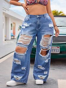 SHEIN CURVE+ Plus Size Casual Distressed Loose Wide Leg Jeans,Back To School - Blue - View 5