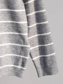 SHEIN 可爱休闲百搭黑白条纹弹力长袖圆领毛衣，适合儿童，适合幼儿园秋冬装，女童 - 灰色 - 查看 5