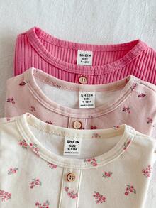 Loomiva Set de 3 blusas de punto de manga corta y cuello redondo suave con estampado floral diminuto para bebé niña - Rosa - Ver 4