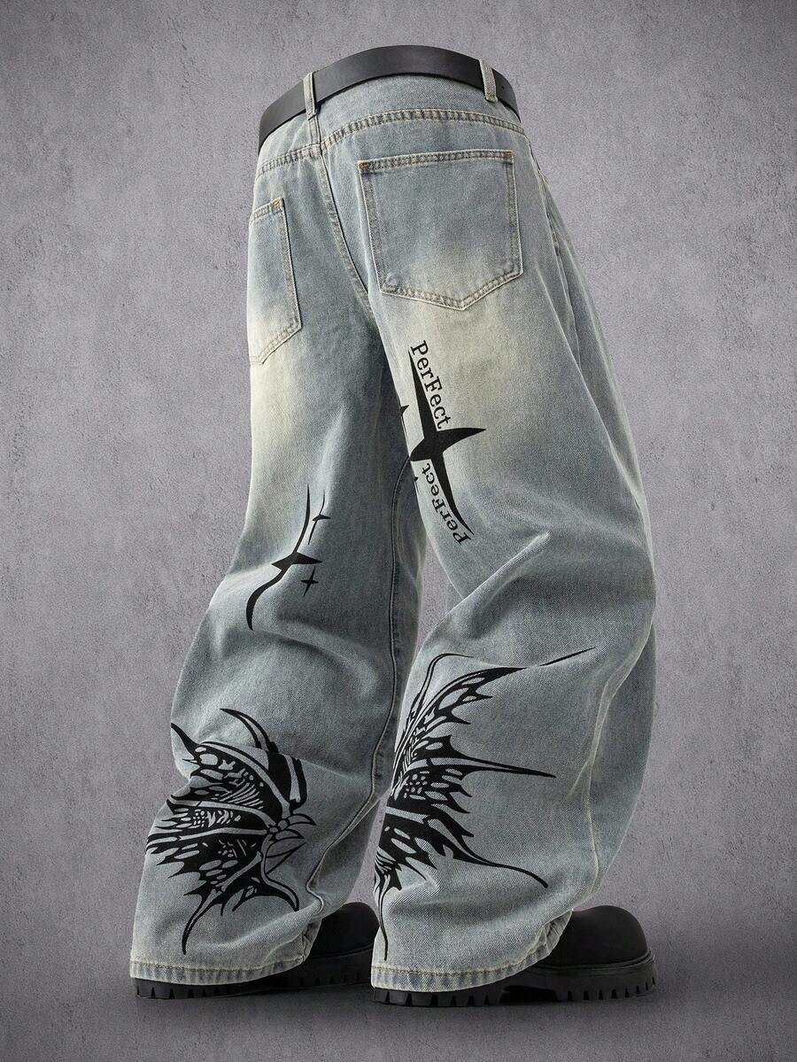 Manfinity Denimwave Men's Street Style Wing Print Distressed Washed Wide Leg Jeans Stacked - Blue - View 1