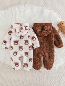 Cozy Pixies 新生儿男女宝宝卡通熊图案保暖连帽长袖连体衣两件套 - 棕色 - 查看 2