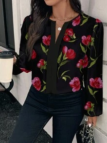 SHEIN Clasi Camisa de manga larga con estampado floral elegante y casual, adecuada para atuendos de primavera y otoño de talla grande