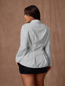 Rustia Plus Size Women's Autumn/Winter Striped Ruffle Long Sleeve Cinched Waist Button-Front A-Line Shirt Dress