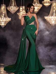 Glamrae Đầm dạ hội trang trọng thanh lịch, sang trọng, chất liệu vải thun co giãn, cổ bất đối xứng, tay đơn, eo khoét sâu, viền đuôi cá, đính sequin nổi, dành cho nữ - xanh quân đội - Xem 3