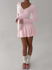FavEase Tight Ruched Long Sleeve Bodycon Dress, Suitable For Spring, Autumn And Winter - Pink - View 5