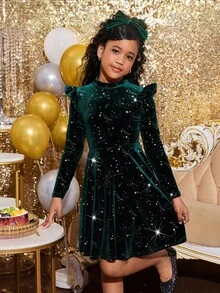 SHEIN 青少年女孩纯色天鹅绒针织荷叶边下摆长袖连衣裙，适合秋冬季日常休闲穿着和上学，绿色连衣裙非常适合圣诞节、派对、生日、公主场合 - 綠色 - 查看 7