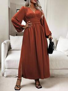 Vionelle Plus Size Women's Solid Color Simple Daily Pleated Dress Maxi Women Outfit Fall Cloth For Women - Rust Brown - View 3