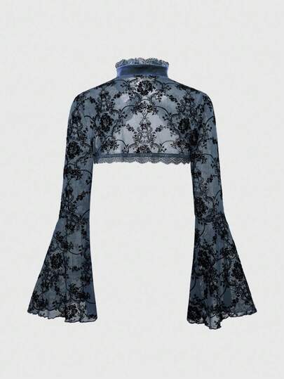 Goth Cardigan femme rétro à manches évasées et fente, avec motif de vigne floqué