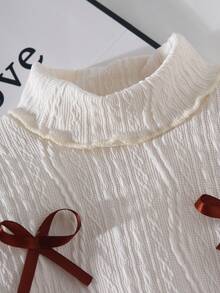 女童T恤套装，针织高领上衣饰有蝴蝶结，搭配PU迷你裙，时尚秋冬外套。 - 杏色 - 查看 5