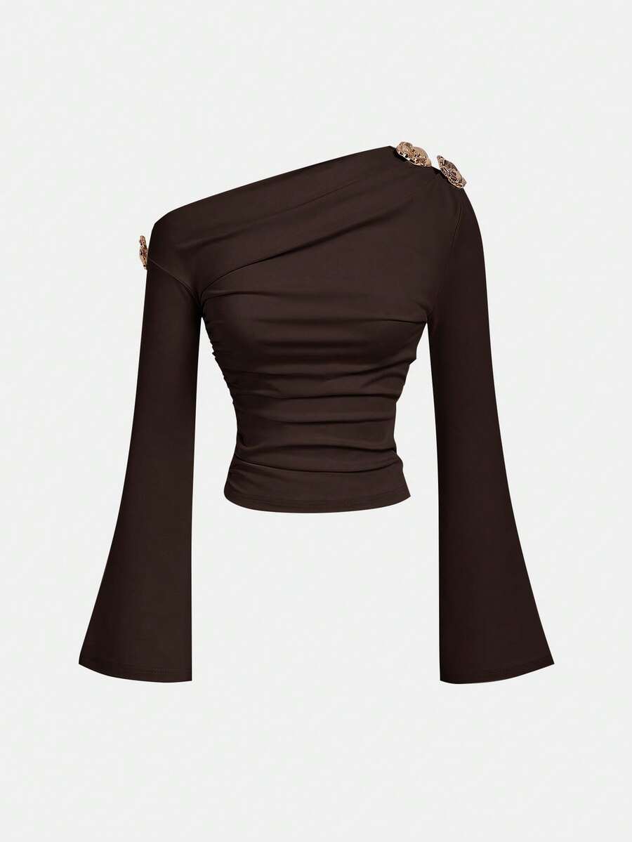 SHEIN MOD Women's Fashion Commuter Brown Asymmetric Collar Flare Sleeve T-Shirt,Brown Top