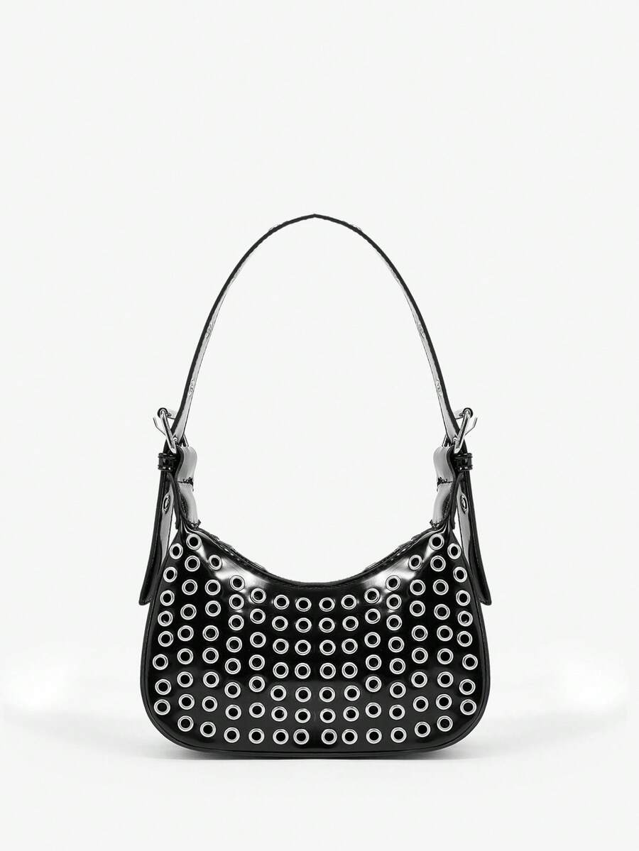 SHEIN ICON Quý cô, Túi xách tay nữ, Túi đeo vai, Túi Hobo, PU, Đen, Phong cách Biker, Phong cách xe máy, Thời trang, Cá nhân hóa, Đơn giản, Đa năng, Đường phố, Cô gái ngọt ngào và sành điệu, Cô gái nóng bỏng, Y2k, Cổ điển, Đinh tán, Cổ điển, Thanh thiếu niên - màu đen - Xem 1