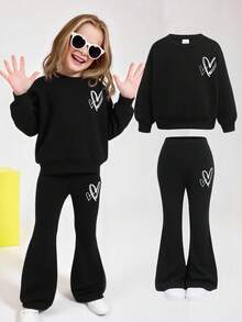 SHEIN 年轻女孩纯黑色/秋冬/针织休闲宽松心形印花运动衫和喇叭裤两件套运动衫套装 - 黑色 - 查看 14