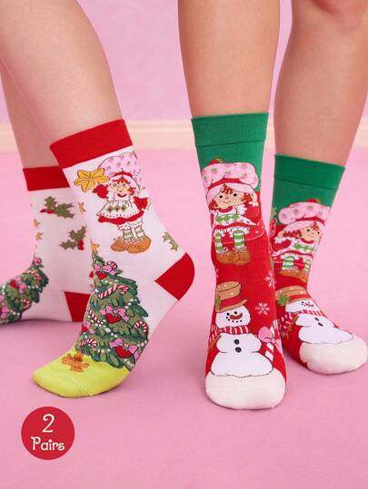 Strawberry Shortcake X SHEIN 2 pares de calcetines de media caña para mujer, suaves y transpirables, que absorben la humedad, de estilo fashionable y lindo en rosa y rojo, con refuerzo en los dedos y el talón para mayor durabilidad, aptos para todo el año y todo tipo de atuendos, con diseño de fresa
