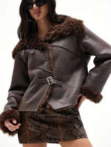 Aveloria GENKIRA Jaqueta de Pele Sintética Feminina Cáqui Nova de Outono/Inverno, Jaqueta Bomber Forrada de Pele Metalizada de Alta Qualidade, Jaqueta Feminina Versátil e da Moda com Cinto Decorativo de Cabelo Encaracolado e Parche no Olho - Café - Visão 5