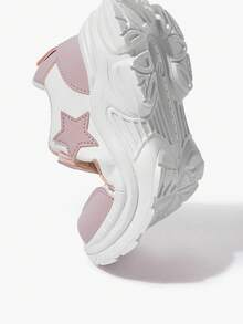 JNSQ A Pair Of Fashion And Leisure Basic Versatile And Comfortable Soft-Soled Lightweight Girl Lace-Up Flat-Soled Sneakers, Back-To-School Season Stars, Pink Fun And Cute Little White Kids Shoes - Pink - View 6