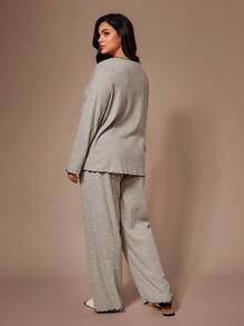 Lazeform Knitted Ribbed Fleece Bow Decor Ruffle Trim Casual Lounge Set,PJSs For Women Curvy Plus Size Loungewear, Cozy Outfit, Fall/Winter Clothes - Khaki - View 3