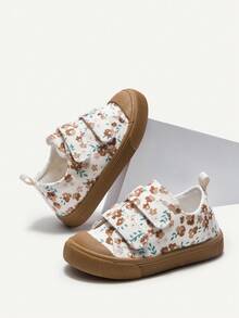 Cozy Pixies 1 双女婴米色花卉钩环平底休闲帆布鞋，可爱学院风，舒适适合日常和户外活动 - 米色 - 查看 6