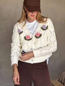 Vivie Lora Women's Floral Hollow-Out V-Neck Cardigan - Grey - View 4