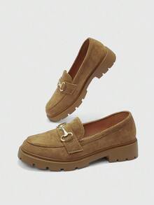 CUCCOO BIZCHIC Khaki Simple Round Toe Wedge Heel Slip-On Flats, Elegant & Casual, Comfortable & Versatile For Work, Commute, And Formal Occasions