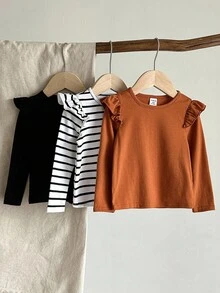 LMoss Kids LMoss 3pcs Baby Girl Solid Color Knit Crew Neck Flutter Sleeve Casual Top,Suitable For Autumn And Winter Wear,Baby Girl Long Sleeve Top, Infant Girl Tops, Toddler Flutter Sleeved Tops,Cozy Fall & Winter Styles - Multicolor - View 4