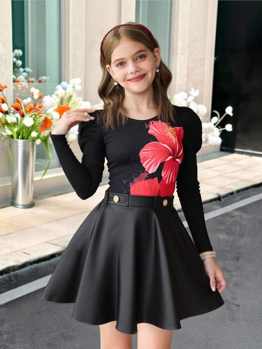 SHEIN Tween 女童大号花卉印花黑色长袖上衣搭配皮裙套装,适合儿童休闲装、返校装、开学典礼、日常装、上学装、旅行装、运动装、秋冬装 - 黑色 - 查看 1