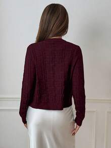 SHEIN PETITE 女士休闲金属单排扣圆领长袖针织开衫，秋冬 - 中紫紅色 - 查看 2