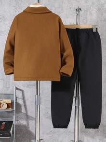 SHEIN 2 件套青少年男童休闲日常纽扣长袖上衣和裤子套装，秋季 - 卡其色 - 查看 2