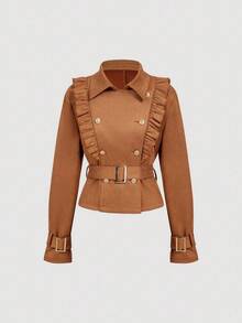 SHEIN MOD Abrigo de trinchera de mujer con cuello con solapas, volantes decorativos y cinturón de doble botonadura, estilo vintage de moda callejera de otoño