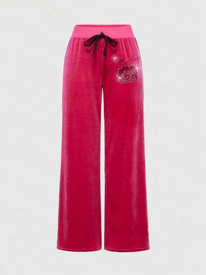 Betty Boop | ROMWE Pantalon ample à taille basse avec blocs de couleurs et strass pour femmes Y2K