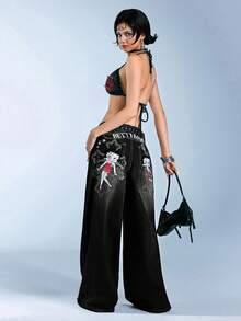 Betty Boop | ROMWE Quần jean ống đứng dáng rộng siêu dài Y2K thêu họa tiết thánh giá và hoa hồng Gothic màu bạc - màu đen - Xem 7