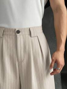 ESTAVOR Plus Size Men Grey Vertical Striped Woven Wide Leg Pants, Fall - Beige - View 4