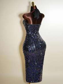 Mistrie Women's Navy Blue Sleeveless Halter-Neck Strapless Knitted Long Dress,Summer 70s Night Out Club Party Glittering Fitted Elegant Luxury Event Gown - Purple - View 2