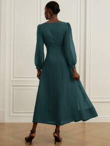 Aveloria Rosie Váy trà kiểu Pháp cổ điển lãng mạn mới, thiết kế rộng rãi tôn dáng, váy suông tay bồng vải lanh mỏng xếp nếp trễ vai thanh lịch màu trơn cho mùa hè - màu xanh lá - Xem 2