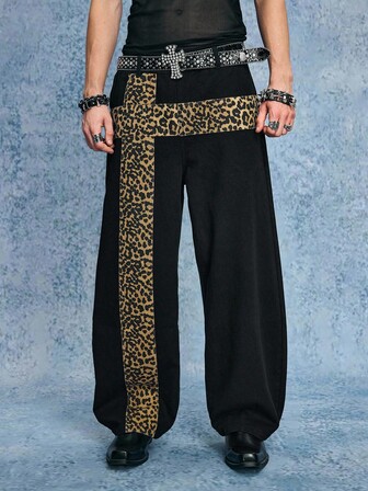 Grunge Punk Jeans casual larghi da uomo con stampa leopardata a patchwork, stile grunge