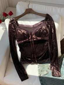SHEIN EZwear Plus Size Women's Elegant Lace Patchwork Bow Decor Velvet Fitted T-Shirt, Spring/Autumn - Brown - View 4
