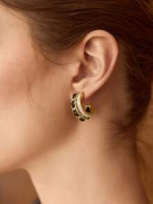 MOTF PREMIUM 2PCS BLACK DOUBLE LAYER CHAIN & ZIRCONIA STUD EARRINGS - Gold - View 4