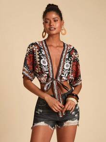 Travachic 印花露肩短款衬衫，系带露脐设计，休闲/节日上衣，新年造型，感恩节，优雅派对，婚礼晚宴，圣诞派对，性感夜店，波西米亚风衬衫，女士裹身式上衣，系带露脐上衣 - 黑色 - 查看 1