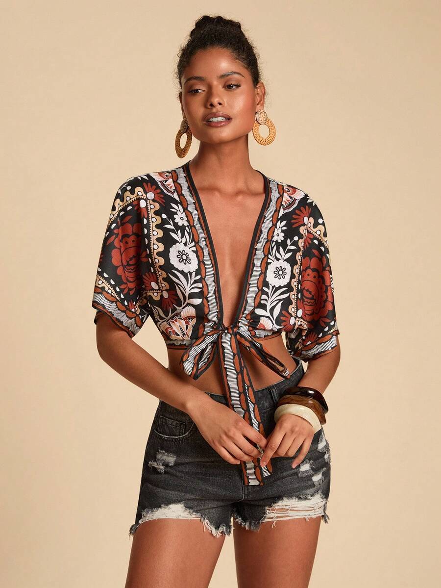 Travachic 印花露肩短款衬衫，系带露脐设计，休闲/节日上衣，新年造型，感恩节，优雅派对，婚礼晚宴，圣诞派对，性感夜店，波西米亚风衬衫，女士裹身式上衣，系带露脐上衣 - 黑色 - 查看 1