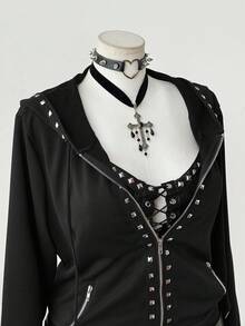 Sunspun Áo khoác nỉ dài tay có mũ trùm đầu phong cách Punk tối màu thời trang cỡ lớn đính đinh tán - màu đen - Xem 5