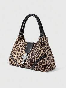 ROMWE Grunge Punk Túi đeo vai tote họa tiết da báo thời trang, dung tích lớn dành cho nữ - màu đen - Xem 3