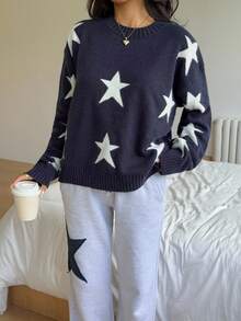 INAWLY Women's Casual Star Pattern Sweater, Autumn/Winter - Navy Blue - View 1
