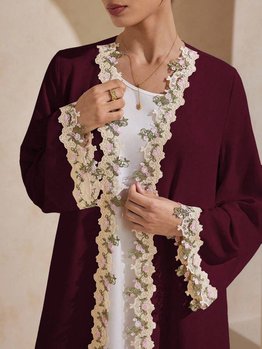 Graceveil Áo khoác cardigan tay dài hở phía trước màu trơn trang trí họa tiết hoa thanh lịch - Màu Đỏ Sâu - Xem 1