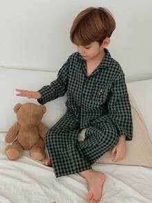 2件套男童格子长袖单排扣口袋衬衫和裤子睡衣套装 - 綠色 - 查看 7