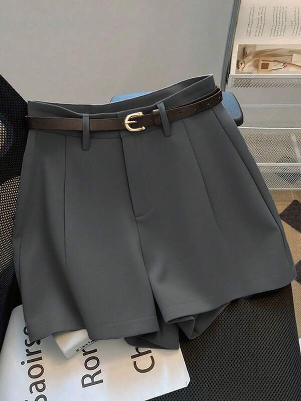 Franclia Moda casual e para deslocamento, versátil, cintura média-alta, com cinto, verão, novo, cor sólida, cáqui, shorts para mulheres