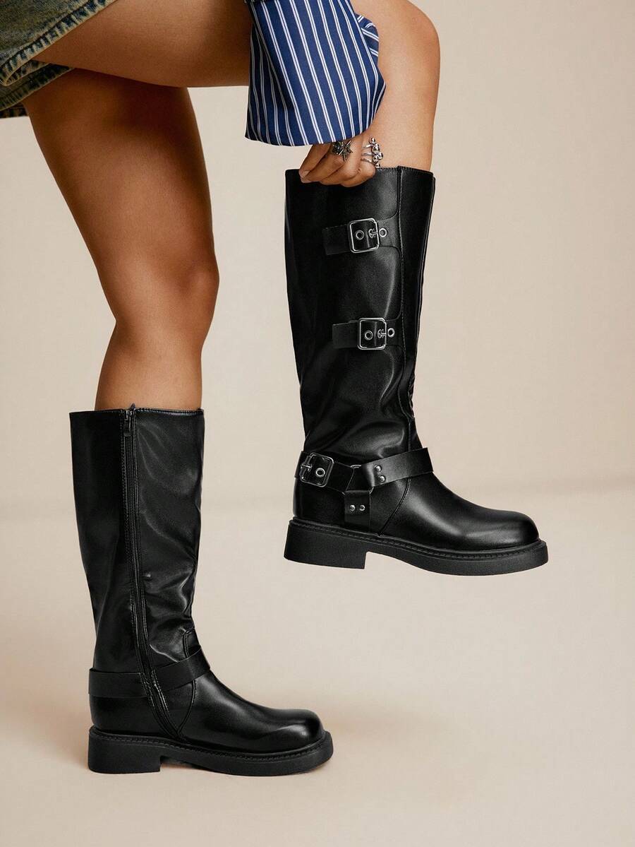 Daringsoles Giày bốt cao đến giữa bắp chân màu đen thời trang dành cho nữ - màu đen - Xem 1