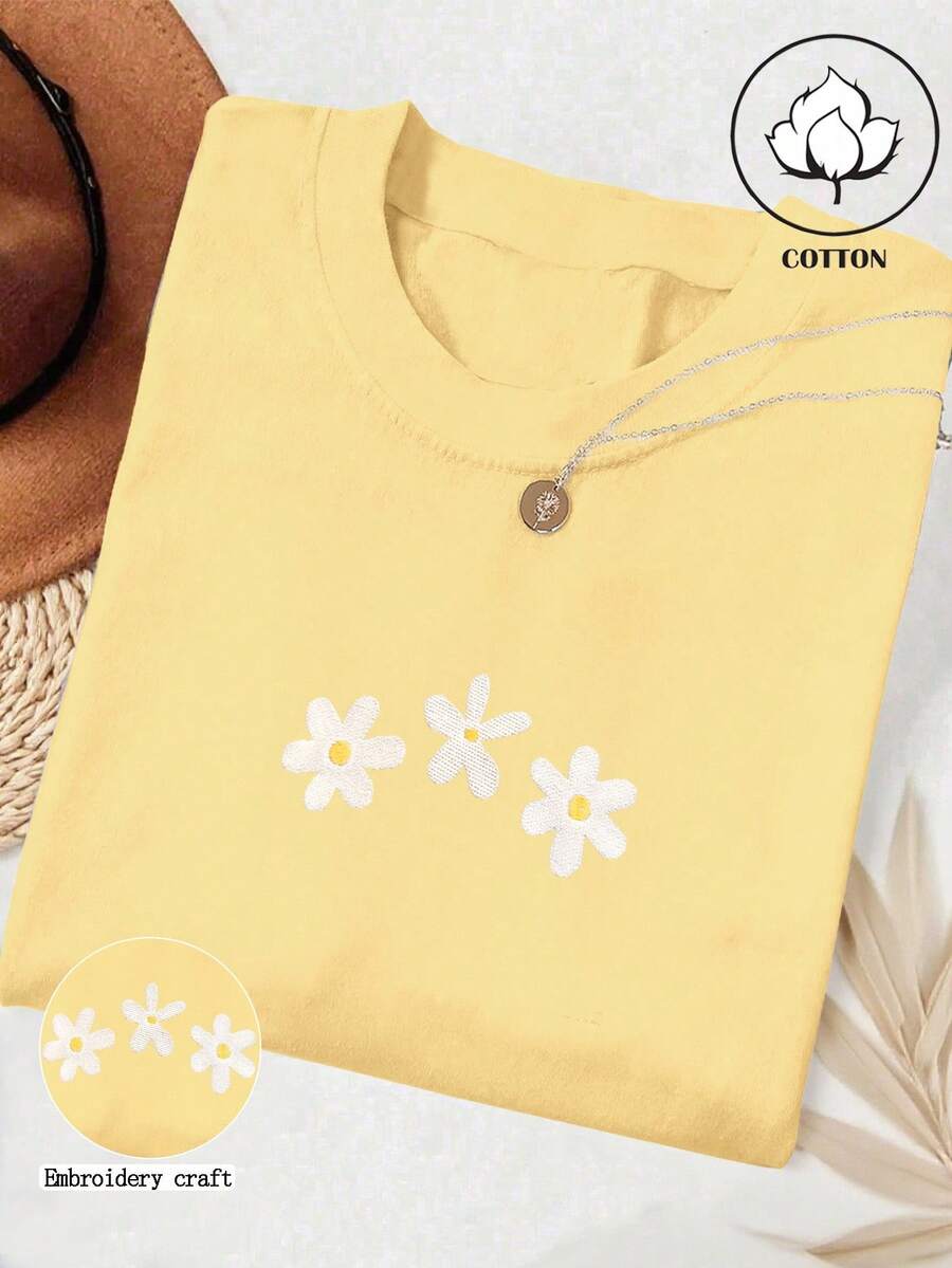 INAWLY 舒适彩色雏菊衬衫刺绣 舒适彩色衬衫刺绣花朵衬衫雏菊T恤复古春季衬衫女圆领刺绣图案T恤 - 黃色 - 查看 1