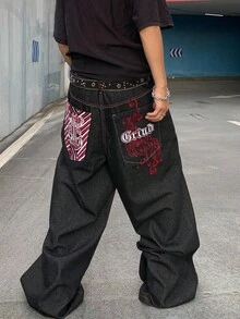 ROMWE MEN Grunge Punk Men's KPOP Embroidered Pattern Loose Baggy Jeans - Black - View 7